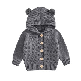 YILEEGOO Baby Toddler Girl Boy Button Down Hooded Cardigan Winter Warm Sweater Long Sleeve Jumpers Coats Knitted Hoodies Clothes (Grey, 12-18 Months)