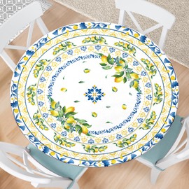 Kamoor Lemon Round Fitted Tablecloth with Elastic Edge Summer Outdoor Tablecloth Waterproof Table Cover for Picnic Dinner Party Decor Fits 36-40" Diameter Round Tables