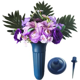 Pre-Made Artificial Cemetery Flowers with Vase for Grave Decorations, Rose, Sunflower, Mum Orchid Cemetery Bouquet with Stake Base - Perfect for Memorials and Home Decor (Purple)
