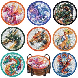 FOWSEEK 8 Pcs Dragon Diamond Painting Coasters, 3D DIY Dragon Diamond Painting Kits with Holder for Drinks, Diamond Art Coasters for Beginners Adults Art Craft Supplies