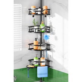HAMITOR Shower Caddy Tension Pole: Rustproof Quick Install Corner Bathroom Organizer Shelf on Floor for Renters - 4-Tier Large Capacity Storage Rack with Soap Holder for Apartment -47-121 Inch/Black