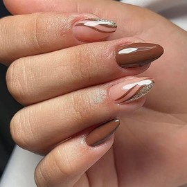Uas Postizas Multiestilo Color Marrn Caf Con Patrones De Lneas Abstractas Fcil Aplicacin Artificiales Reutilizables 24 Piezas Manicura Con Purpurina De Arce