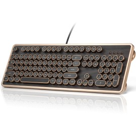 GLENCREAG RK104 Retro Mechanical Keyboard, Wired Full-Size 104 Keys with Typewriter Round Keycaps, Wooden Grain, N-Key Rollover, Green Linear Switches, Ideal for Retro Lovers