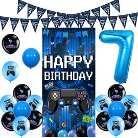 Sursurprise Video Game 7th Birthday Decorations for Boys, Blue Gaming Happy Birthday Door Banner Triangle Flag Garland, Balloons, Gaming 7 Year Old Birthday Party Supplies