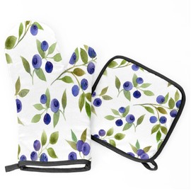 Summer Blueberries Oven Mitts and Pot Holders Set of 2 Pcs Ovenmitts Hotpads Heat Resistant Oven Glove Kitchen Mitten & Hot Pad for Cooking Baking