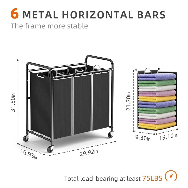 ROMOON Laundry Sorter, 3 Bag Laundry Hamper Sorter with Rolling