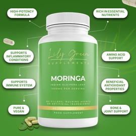 Lily Green Supplements Lily Green Organic Moringa Capsules | 1500mg per Serving Amino Acid Supplements | Rich in Vitamins, Calcium, Iron, Potassium & Antioxidants | No Artificial Additives | 90 Vegan Capsules | Made in UK