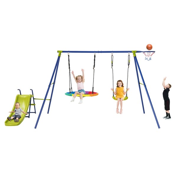 Costzon Swing Sets for Backyard, 4-in-1 Heavy Duty Large Metal Swing Frame w/2 Adjustable Swings, Slide, Basketball Hoop, Play Equipment for Indoor Outdoor Gift Kids 3-12 Years Old