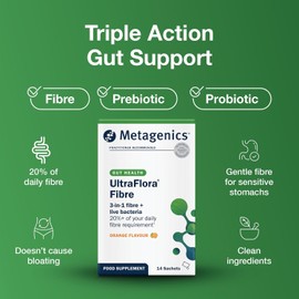 Metagenics UltraFlora Fibre - 3-in-1 Gut Support Supplement with Fibre, Live Bacteria & Vitamin B2 - Orange Flavour, 28 Sachets