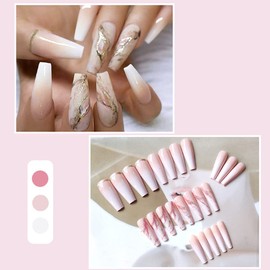 YoYoee Nude Press On Nails Coffin Long Fake Nails Acrylic Gradient False Nails Marble Full Cover Stick On Nails for Women and Girls (24 PCS)