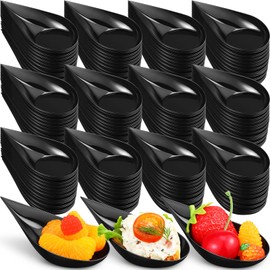 Gandeer 600 Pcs 4 Inch Plastic Appetizer Spoons Tasting Disposable Mini Appetizer Plates Tear Drop Serving Dessert Teardrop Asian Spoon for Party Dessert Dishes Catering (Black)