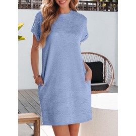 EVALESS Cute Dresses for Women Spring Summer Dress 2025 Fashion Short Sleeve Mini Dress Crewneck Vacation Tshirt Dresses with Pockets Myosotis XX-Large Blue