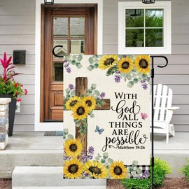 DLZDN With God All Things are Possible Garden Flag Sunflower Religious Cross Garden Flag 12×18 Inch Double Side Vertical Burlap Christian Farmhouse Yard Flag Seasonal Outdoor House Decoration