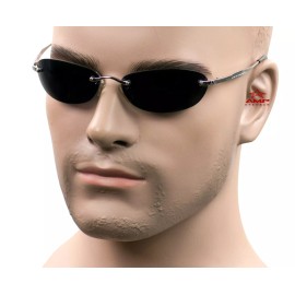 AMP Small Rimless Oval Neo Matrix Style Sunglasses Metal Super Dark Mirror MT84 - Silver/Dark Smoke