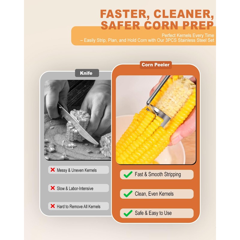 UrBestChoose 3PCS Corn Peeler Set – Stainless Steel Corn Stripper