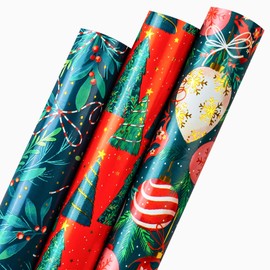 Retrify Christmas Wrapping Paper 3 Mini Roll - Cute Christmas Trees/Red Balls/Green Leaves Gift Wrap with Metallic Foil Shine - 17 Inch x 120 Inch Per Roll