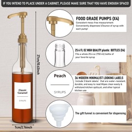Bokon Coffee Syrup Dispenser 25.4 oz 750 ml Drinking Syrup Pump Bottles with Comprehensive Label Set and Funnel for Coffee Bar Accessories Essentials(Gold,4 Pcs)