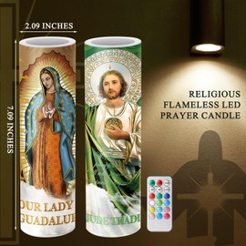 Landhoow 2 Pcs Religious Flameless LED Prayer Candle Real Wax Baptism Candle Set Our Lady of Guadalupe and St. Jude Battery Operated Candles with Remote Control