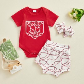 Newborn Baby Girl Baseball Outfit Short Sleeve Letters Print Romper Onesie Shorts Set Headband Summer Clothes (Red, 6-12 Months)