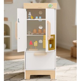 PairPear Wooden Toy Fridge for Kids Kitchen, Toddler Pretend Play Refrigerator with Real Ice‑Drop, Magnetic Stickers, Kids Toy Food Play Kitchen Accessory Gift for Boys & Girls Age 3+