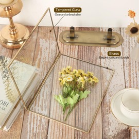 Goutangen 8x10 Picture Frames Gold Brass Floating Frame Vintage Double Glass Pressed Flower with Metal Stand, Tabletop Shelf Photo Frame Decor for Wedding Graduation Home Office