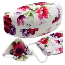 MyEyeglassCase Extra Large Sunglasses case for Curved Frames - Women Floral Hard Glasses Case - Microfiber Print Pouch and Cleaning cloth (AS179 Cranberry Rose Z)
