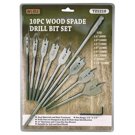 WEDGE 10 Piece Wood Flat Bit Set | 8 Bit Sizes from 1/4" (0.6 cm) to 1 1/4" (3.2 cm) | 6" (15.2 cm) Length Bits | Extension Rod & Hex Key Included | Essential for Carpenters & Installers