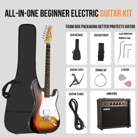Soulmate Electric Guitar Kit for Beginner 39" HSS Pick Up Solid Body Full Size Electric Guitar for Starter with Amplifier, Bag, Capo, Strap, String,Cable, Picks(Sunburst)
