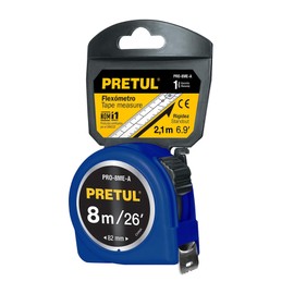 Pretul PRO-8ME-A Flexómetro azul 8m cinta 1" Pretul tarjeta plástica, color Azul, pack of/paquete de 1