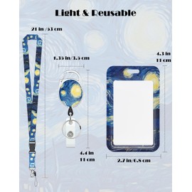 Uniclife Fashionable Sliding Badge Holder Van Gogh Starry Night Plastic Card Holder with Retractable Badge Reel Carabiner Detachable Lanyard Vertical Card Protector for Office Worker Teacher Student