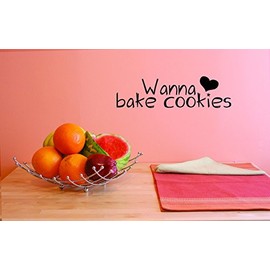 Wanna Bake Cookies Heart Kitchen Decor Vinyl Wall Decal - 22 Colors Available - Size 10 Inches x 36 Inches