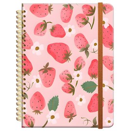 Ruled Spiral Writing Notebook,A5 Hardcover Lined College Journal for Women Lady Girl,Strong Twin-Wire Binding with Premium Paper,8.4" X 6",Perfect for School,Office,Home Gifts(Pink Strawberry)