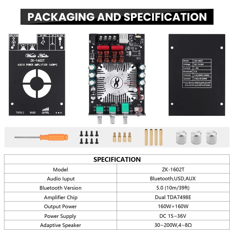 Arrarown Audio Amplifier Board, ZK-1602T Bluetooth 5.0 Power Amp for