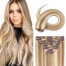 Real hair clip-in extensions, 100 % Remy real hair extensions, straight, 8 wefts, 18 clips, thin