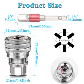 Yuentoen Adjustable universal socket wrench, 10-19 mm universal spanner universal socket wrench with adapter 65 mm, screwdriver tool for metric 3/8-3/4 inch ratchet wrench