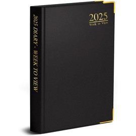 2025 A4 Black Diary Week to View Desk Diary A4 Weekly Planner Hard Backed with Metal Edges for Home and Office Use - 60 gsm paper