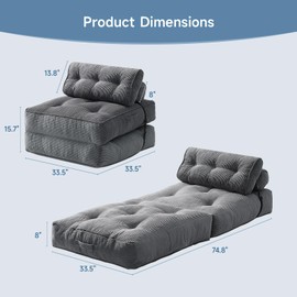 ONBRILL Folding Couch Sofa Bed,Convertible Sleeper Chair for Adults, Corduroy Portable 4 in 1 Fold Out Chair to Floor Lounger, Couches for Living Room,Single,Grey