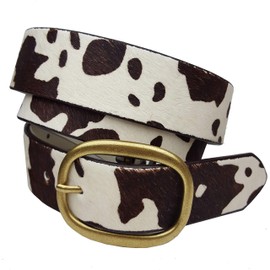 Hot Trendy Hair On Calf Leather Belt in Animal Print (L, Cow White/Brown)