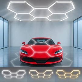 Hexagon Garage Lights - Upgraded 3-Stage Color Temperature with Switch, Dimmable Hexagon Lights,3000K 4500K 6500K,High Brightness 5 Grids Hex Lighting for Gym, Barber Shop, Car Detailing
