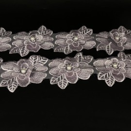 1 Yard White Pearl Beads Embroidered Lace Edge Trim Fabric Floral Appliques Lace Ribbon for Wedding Dress Clothes Decoration DIY Handmade Sewing Craft (Purple)