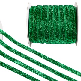 WANDIC Green Glitter Velvet Ribbon 50 Yards Single Sided Velvet Ribbon Vintage Silk Soft Ribbon for Christmas Decoration Packaging Wedding Bouquet