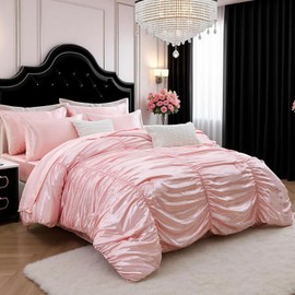 Bedorm Queen Size Satin Comforter Set 9 Pcs Pinch Pleat Bedding Comforter Extra Soft Fluffy Silky Pink Satin Bedding Set with Comforter, Flat Sheet, Fitted Sheet, Pillowcase & Cushion Cover