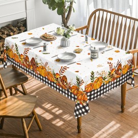 Horaldaily Autumn Table Linen, 140 x 200 cm, Rectangular, Thanksgiving, Autumn Harvest, Pumpkin, Black Checked Tablecloth for Party, Picnic, Dinner Decor