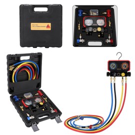 Wells AC R1234YF Gauge Set 4 Way AC Manifold Gauge Set R1234YF R134A R404A Only 1/2 Acme Refrigerant HVAC Tools with 5ft Hoses, Couplers Puncture, Can Tap, Works on Car Freon Charging and Evacuation
