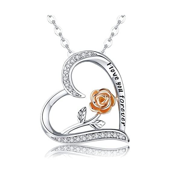 YALLNASL Flower Heart Necklace Silver Pendant for Women I Love