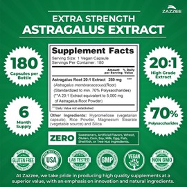 Zazzee Extra Strength Astragalus Root 20:1 Extract, 5000 mg Strength, 70% Polysaccharides, 180 Vegan Capsules, 6 Month Supply, 100% Vegetarian, Standardized and Concentrated 20X Extract, Non-GMO