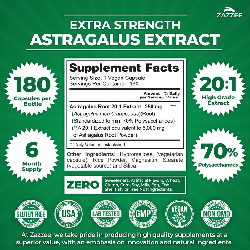 Zazzee Extra Strength Astragalus Root 20:1 Extract, 5000 mg Strength,