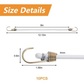 Morobor White Elastic Rope Rubber Strap, 10pcs Mini Bungee Cords with Metal Hooks, Rubber Stretchy Bungee Cords with Hooks for for Bikes, Wire Racks, Tents and Hand Carts etc