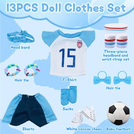 Doll Clothes for 14-17 Inch Baby 36-43 cm Clothing Outfits 20 Pieces Includes Football Game Clothing Set Blue Headband Striped Headband Wrist Guard Set 4 Hair Bands 8 Balloons Shoes