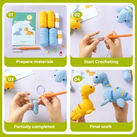 Crochet Kit for Beginners Adults,2 Pack Dinosaurs Easter Basket Essentials Gifts for Kids DIY Craft Knitting Crochet Animals Kits for Starters with Step by Step Video Tutorials Birthday Gift for Women